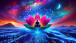 A serene figure meditates on a lotus within a vibrant digital landscape. Digital Detox Concept with Meditative Figure and Binary Code