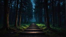 Forest Night Landscape With Walkway Path Beautiful Panoramic Nature Background From Generative AI