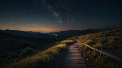 Wall Mural - hiking trail night landscape with walkway path beautiful panoramic nature background from Generative AI