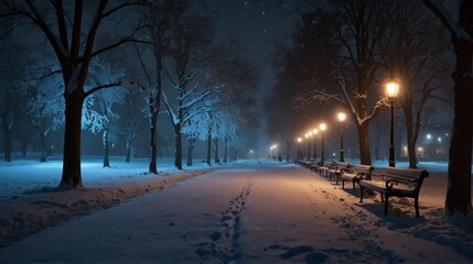 Wall Mural - winter in park night landscape with walkway path beautiful panoramic nature background from Generative AI