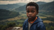 A Kid Black African Boy Portrait On Top Of A Mountain With Landscape Cloudy View Looking At Camera From Generative AI