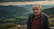 an elderly man portrait on top of a mountain with landscape cloudy view looking at camera from Generative AI
