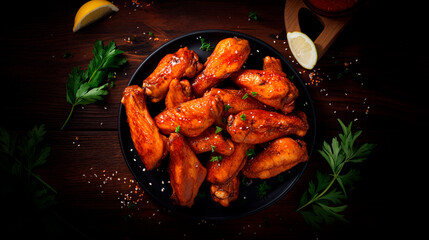 Wall Mural - Grilled sticky chicken wings on dark background. Buffalo chicken wings with sauce. Top view