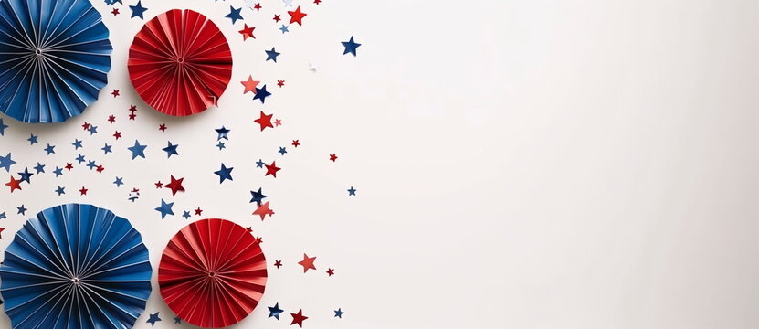3D red and blue paper fans and stars on white background with copy space. Holiday concept for 4th of July, President's Day, Independence Day, US National Day, Labor Day, Fourth of July