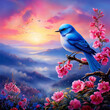 A beautiful blue bird sits on a branch of a blooming apple tree and sings in the sunlight