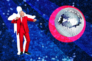 Poster - Composite trend artwork sketch image 3D photo collage of silhouette old senior pensioner dancer huge huge retro music disco ball