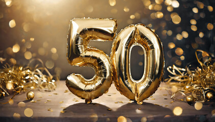 Number 50 gold foil balloon. Anniversary celebration decoration. Golden foil balloon with number 50 on bokeh background. Party, birthday, anniversary concept.