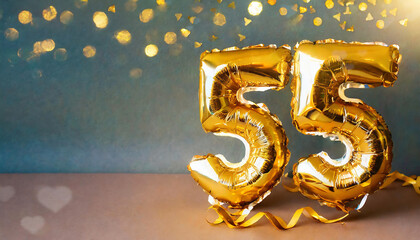 Wall Mural - Number 55 gold foil balloon. Anniversary celebration decoration. Golden foil balloon with number 55 on bokeh background. Party, birthday, anniversary concept.