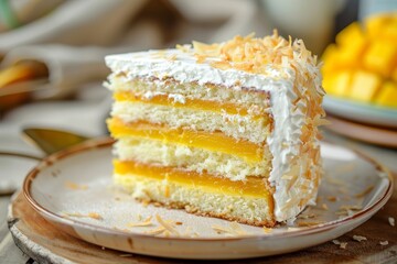 Poster - Layered mango cake with coconut cream cheese frosting Food background Close up