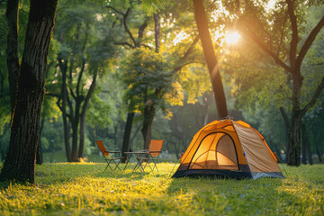 Camping outdoors with lots of sunlight with one tent Two outdoor camping chairs BBQ rack.