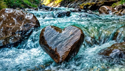 Poster - Heart-Shaped Rock Amidst Lush Greenery in a Stream