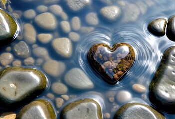 Poster - Heart-Shaped Rock Amidst Lush Greenery in a Stream