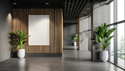 Wall Mural - modern interior design of an office waiting room with a wall art mockup. Wooden slats are on the left side and a white poster frame hangs on a black glass panel wall