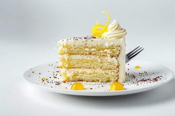 Wall Mural - Lemon peel garnished cake on white background