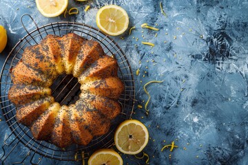 Wall Mural - Lemon poppy seed pound cake on wire rack with blue stone background Overhead view