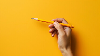 Wall Mural - Hand holding a pencil on a yellow background