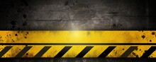 Yellow Black Grunge Diagonal Stripes Industrial Background Warning Frame, Vector Grunge Texture Warn Caution, Construction, Safety Background With Copy Space For Photo Or Text Design