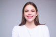 © Volodymyr - Smiling face. Female face happy smile. Close up portrait of young happy smiling girl. Young woman smiling with teeth, looking in camera with happy face expression. The smile. Smiling face.