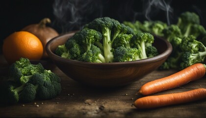 A steaming bowl of fresh green broccoli, orange carrots, and assorted vegetables rests on a wooden table against a dark backdrop.