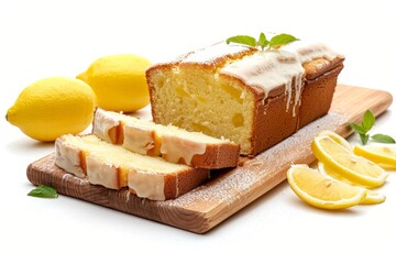 Wall Mural - Pound cake slices with lemon glaze on cutting board white background