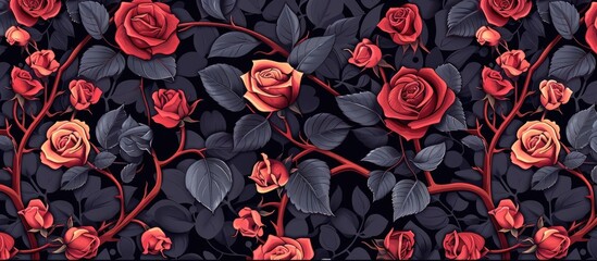 Wall Mural - A seamless pattern of red roses and black leaves on a black background, featuring a floral design with a striking contrast between the vibrant flowers and dark foliage