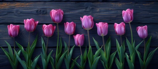 Poster - A row of magenta tulips arranged on a wooden table, showcasing their vibrant petals. The flowers sit atop the table, adding a touch of natural beauty to the indoor space