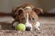 Puppy envy over dog and tennis ball