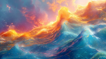 Digital color mountain river illustration abstract graphic poster web page PPT background