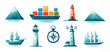 Set of watercolor nautical icons including ships, lighthouses, and navigation tools, ideal for World Maritime Day and travel-themed designs
