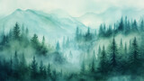 Fototapeta  - A painting of a forest with trees and mountains in the background