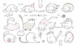 Cute fat cats and funny kitten doodle vector set. Happy international cat day characters design collection with flat  and outlined pastel color in different poses