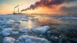 Vivid photograph of melting polar ice caps with a backdrop of distant industrial smokestacks on the horizon