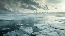 Vivid photograph of melting polar ice caps with a backdrop of distant industrial smokestacks on the horizon