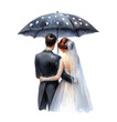 Newlyweds bride and groom under an umbrella rear view. Watercolor illustration on transparent background