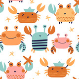 Fototapeta Dinusie - Seamless childish pattern with  crabs and starfish. Suitable for baby prints, nursery decor, wallpaper, wrapping paper, stationery, scrapbooking. Vector