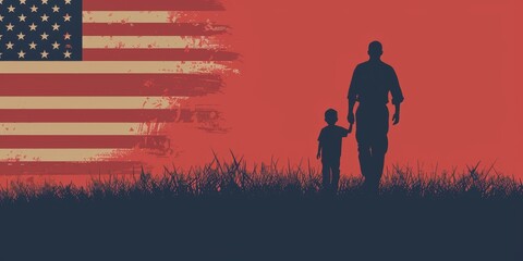 Wall Mural - A man and a child are walking in front of an American flag. The man is holding the child's hand