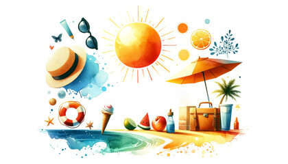 Colorful summer vacation concept illustration with beach essentials like sunglasses, sun hat, and umbrella, ideal for travel and holiday themes