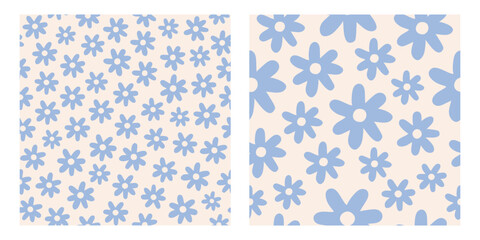 Poster - 	
Seamless pattern with blue groovy daisy flowers on a beige background. Pastel colors. Vector illustration.