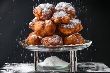 Several Fritters Or Oliebollen With Powdered Sugar On A Plate