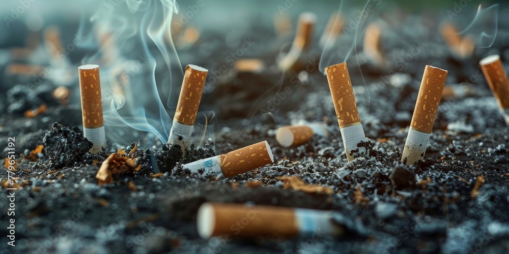 Bunch Of Cigarette Butts Are Scattered On The Grass Stock Image - Image