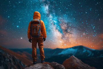 Wall Mural - man tourist standing on top of mountain against the background of a starry night sky with colorful m