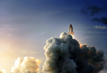 Wall Mural - the spaceship takes off into the starry sky. a rocket is launched into space. concept space backgrou