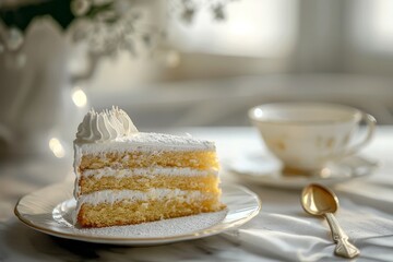 Poster - Slice of sponge cake on white porcelain