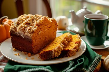 Canvas Print - Sliced pumpkin streusel butter pound cake on white plate with green napkin and beverage Text space available