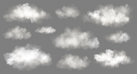 Wall Mural - Realistic white cloud or fire smoke in the sky and vector weather element on transparent background. Chimney smoke, fog wave or cloud pattern with overlay effect. Cloud art or smoky air illustration.