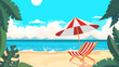 Cartoon tropical landscape with sun lounger overlooking the ocean