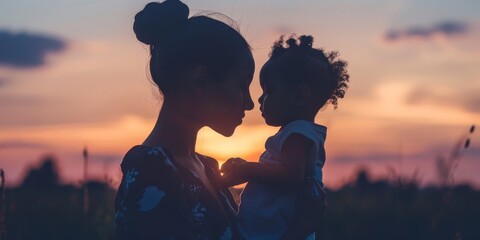 Wall Mural - A woman and a child are holding hands in a field at sunset. Scene is warm and loving, as the mother and daughter share a special moment together