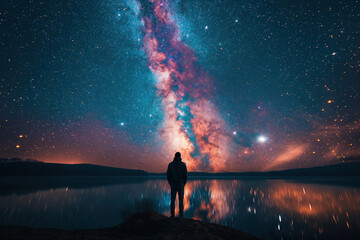 Wall Mural - silhouette of man standing on shore of a lake on background of starry night sky with a bright Milky Way