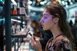 Woman browsing makeup products on shelf in cosmetics store with glowing eyes in dark environment