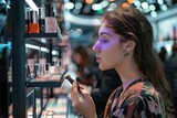 Fototapeta Do pokoju - Woman browsing makeup products on shelf in cosmetics store with glowing eyes in dark environment